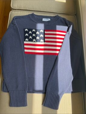 Navy Blue Crewneck Sweater with Red & White Flag Americana NEW Small